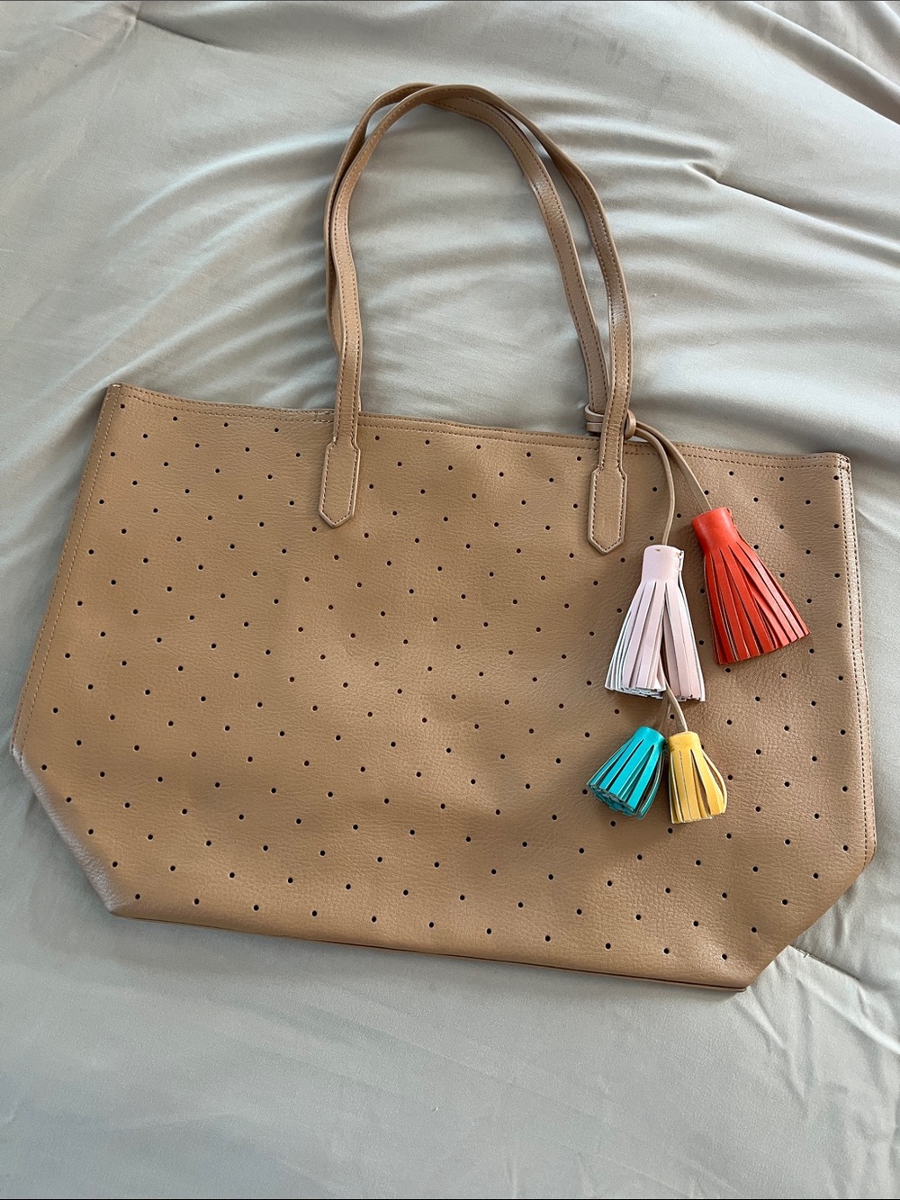Tan beach Tote with Multicolor Tassel Charms